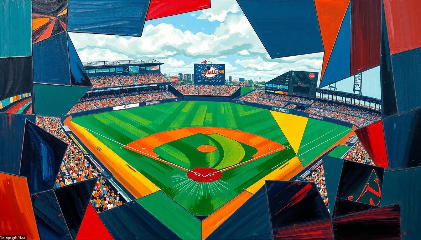 A fractured, geometric painting depicting a baseball game, with sharp planes of color and overlapping perspectives, capturing the energy and intensity of the sport.
