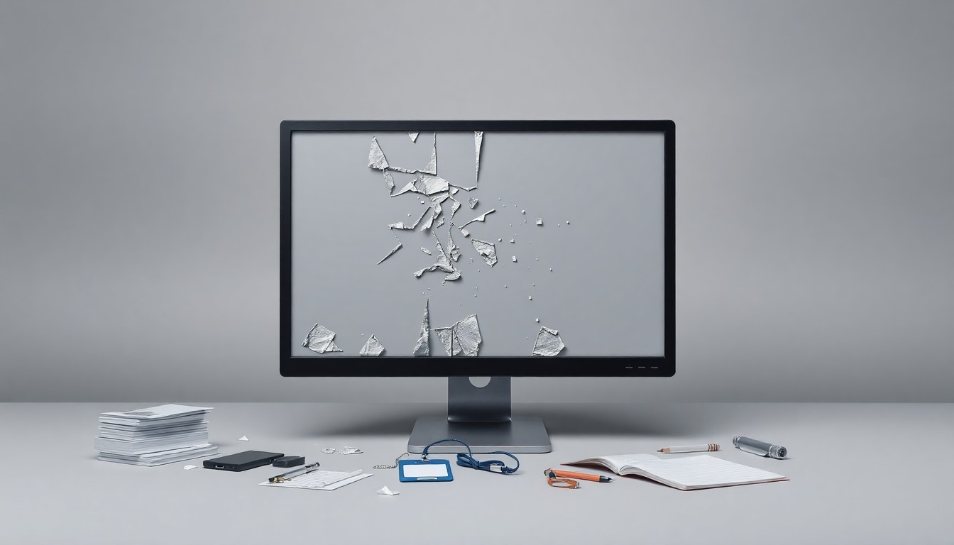 A photorealistic studio still life depicting a shattered computer monitor, a crumpled employee badge, and scattered office supplies, symbolizing the impact of tech layoffs on workers.