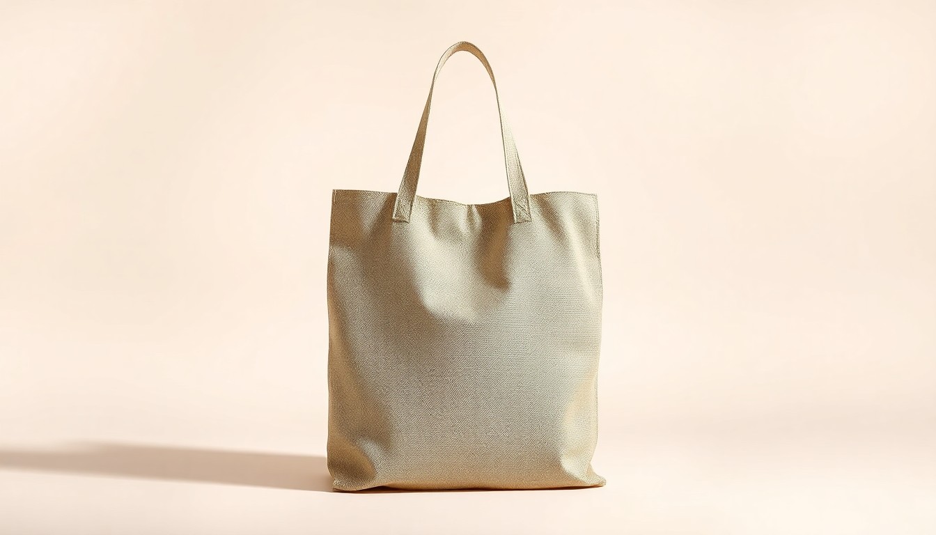 A high-quality studio photograph of a reusable tote bag made of natural materials like burlap or canvas, featuring subtle embroidered or printed patterns inspired by rural and agricultural motifs. The tote bag is elegantly arranged on a clean, monochromatic background, using dramatic lighting to represent the intersection of modern retail and traditional farming culture.