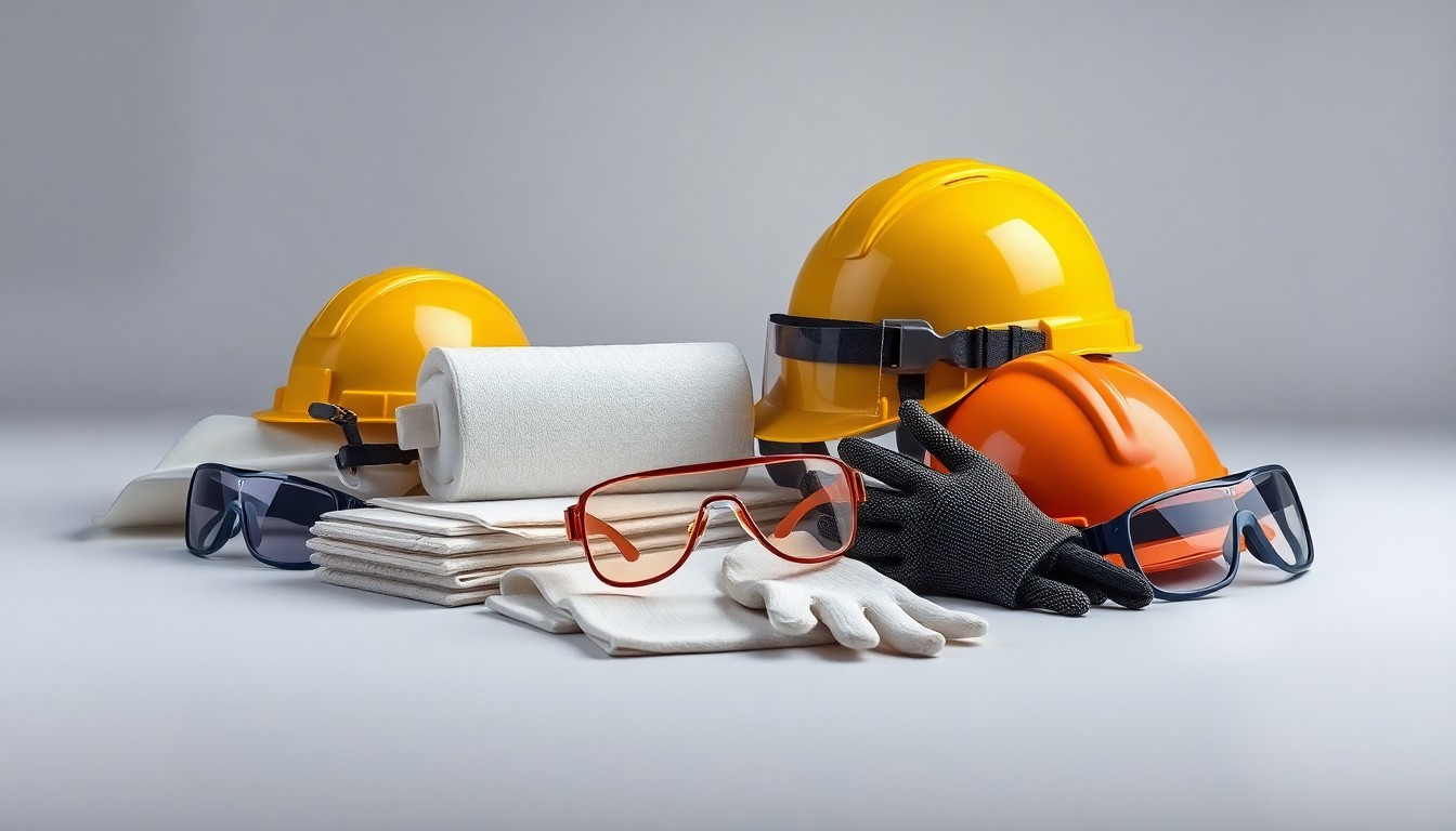 A high-end, photorealistic studio still-life photograph featuring a collection of precision-engineered composite materials and safety equipment, such as protective goggles, gloves, and hard hats, arranged elegantly on a clean, monochromatic seamless background, conceptually representing the company's commitment to safety and innovation.