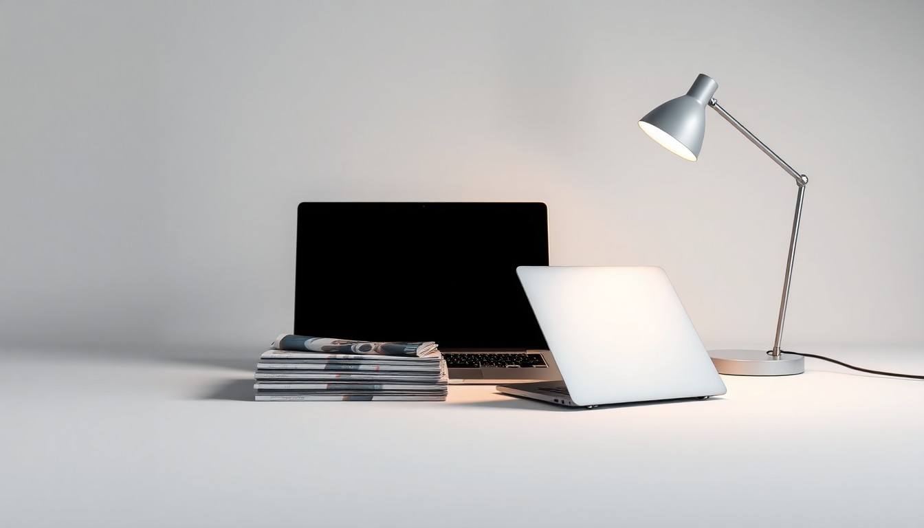 A minimalist, photorealistic studio still life featuring a stack of glossy magazines, a sleek laptop, and a modern desk lamp arranged elegantly on a clean, monochromatic background, symbolizing the digital media and advertising technology at the heart of this partnership.