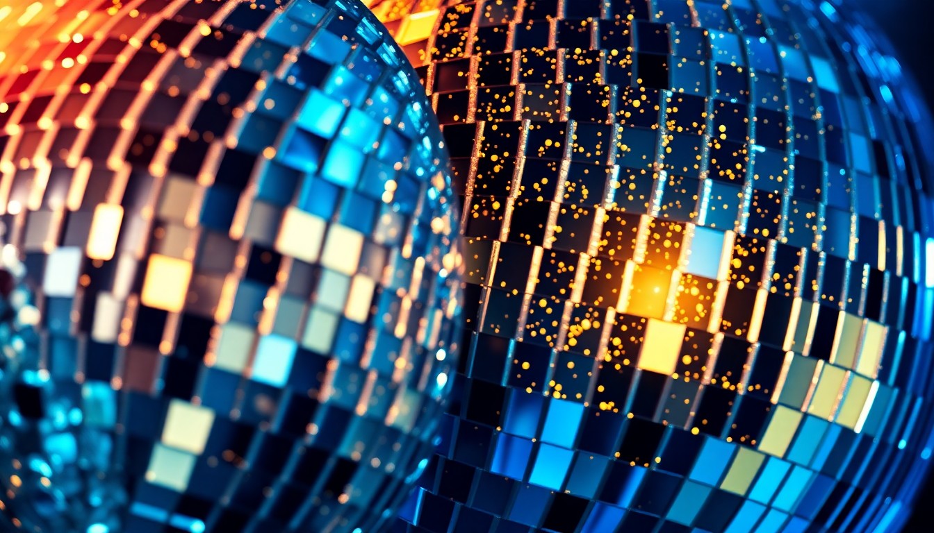 An extreme close-up photograph of a glittering disco ball, with the reflective surfaces capturing dramatic highlights and shadows to create a high-contrast, abstract glamour texture.
