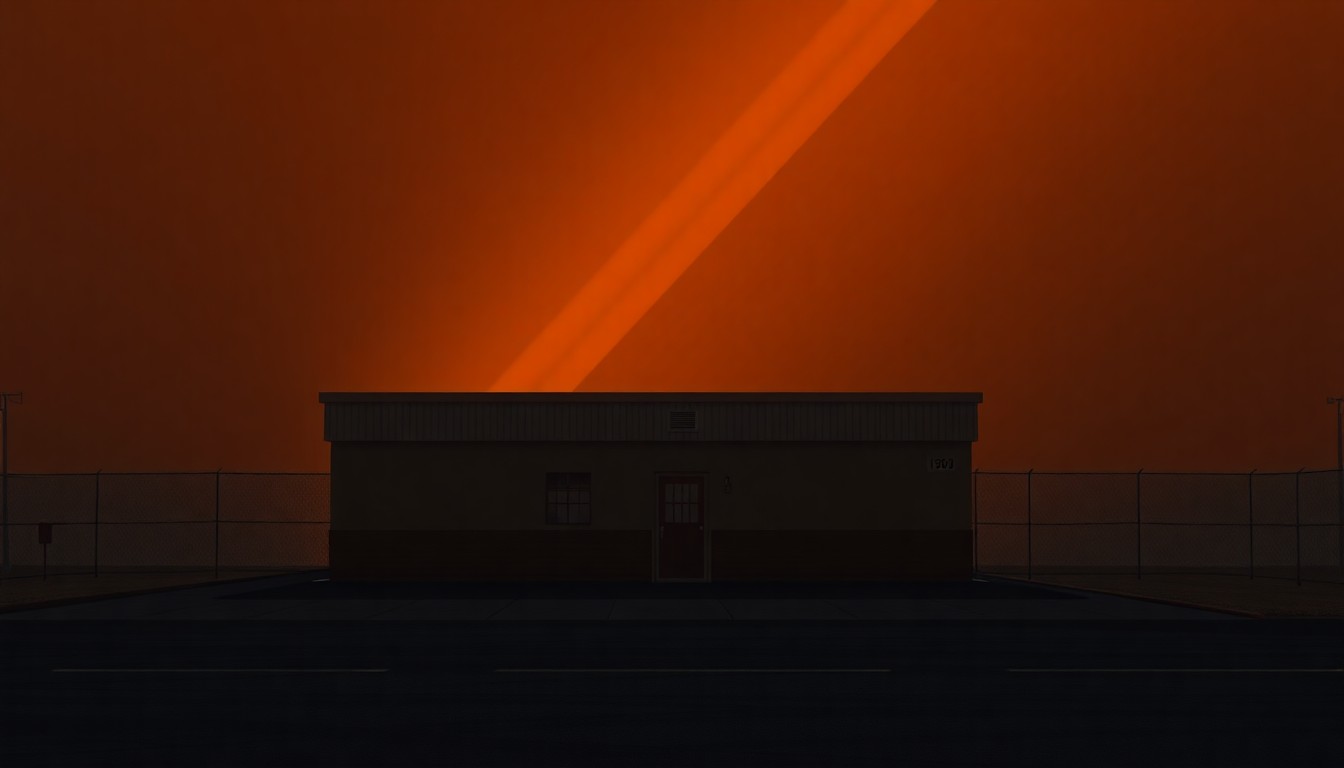 A realistic, cinematic painting of a single-story immigration detention center building set against a warm, hazy sky, with deep shadows and muted colors evoking a sense of quiet contemplation about the facility's role and future.