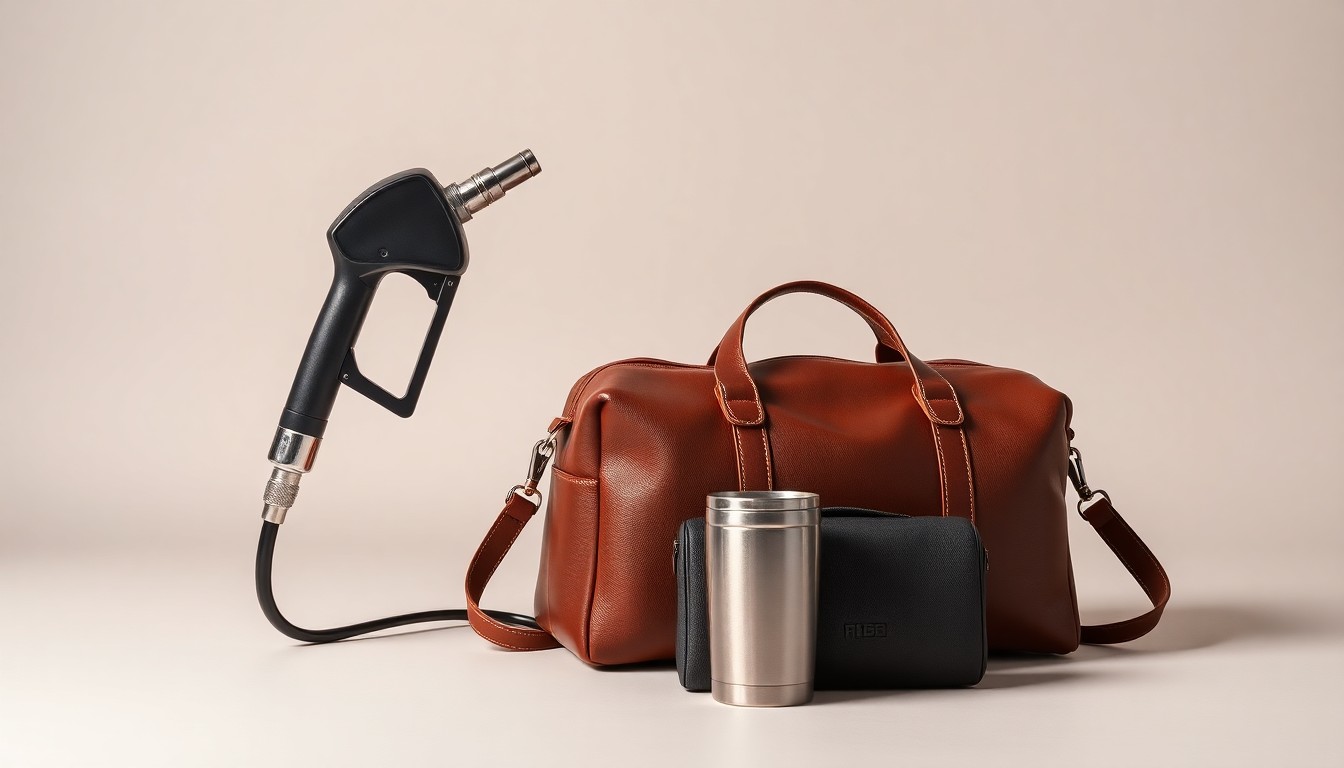 A high-end studio still life photograph featuring a polished metal fuel pump nozzle, a premium leather travel bag, and a stainless steel thermos cup arranged elegantly on a clean, monochromatic background, conceptually representing the practical and premium offerings of a modern travel stop.