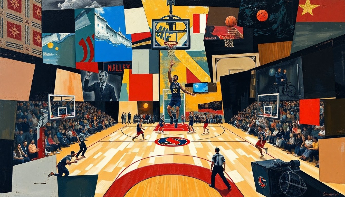 A cubist, geometric painting depicting a fragmented basketball court scene, with players and the ball broken down into sharp, overlapping shapes and planes of color.