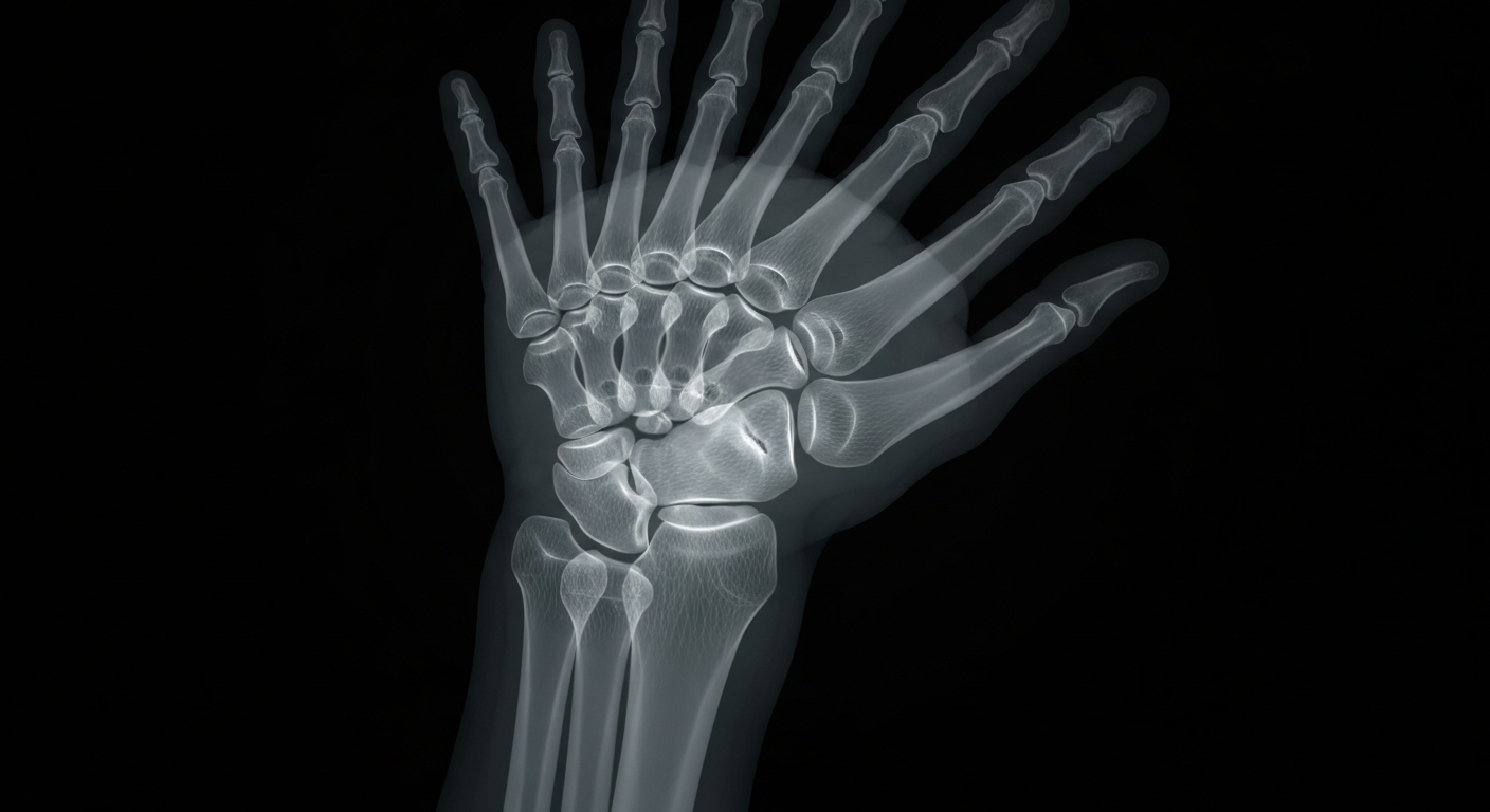 An extreme close-up X-ray image revealing the delicate bone and cartilage structures of a human hand and wrist, conceptually representing the specialized medical expertise now available through the partnership between the rheumatology practice and health network.