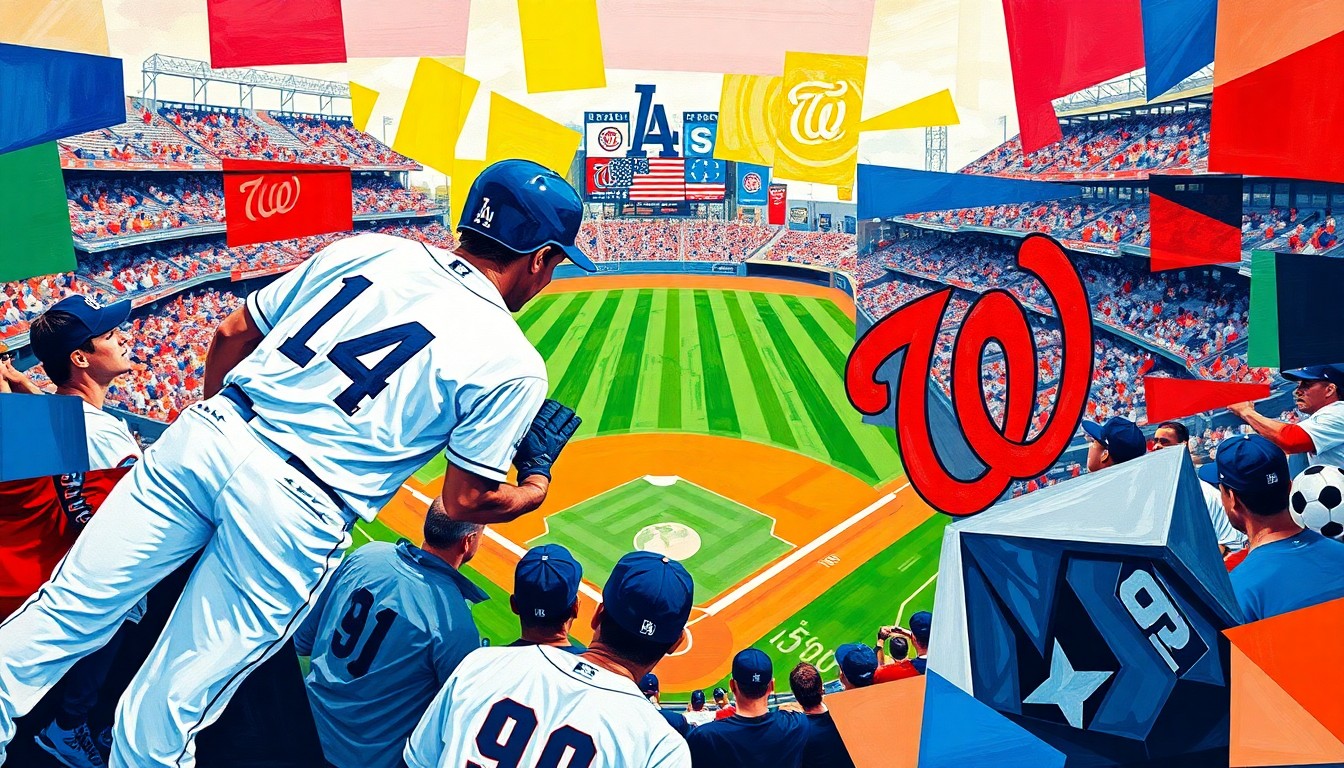 A fractured, multi-perspective painting in bold, clashing colors that breaks down a baseball game into sharp, overlapping geometric shapes, conceptually representing the energy and dynamics of the Dodgers' comeback win over the Nationals.