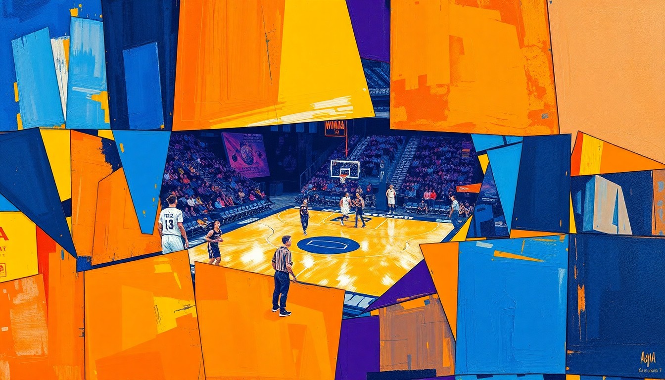 A cubist, geometric painting depicting the motion and energy of a WNBA basketball game, with overlapping planes of color and form representing the dynamic action on the court.
