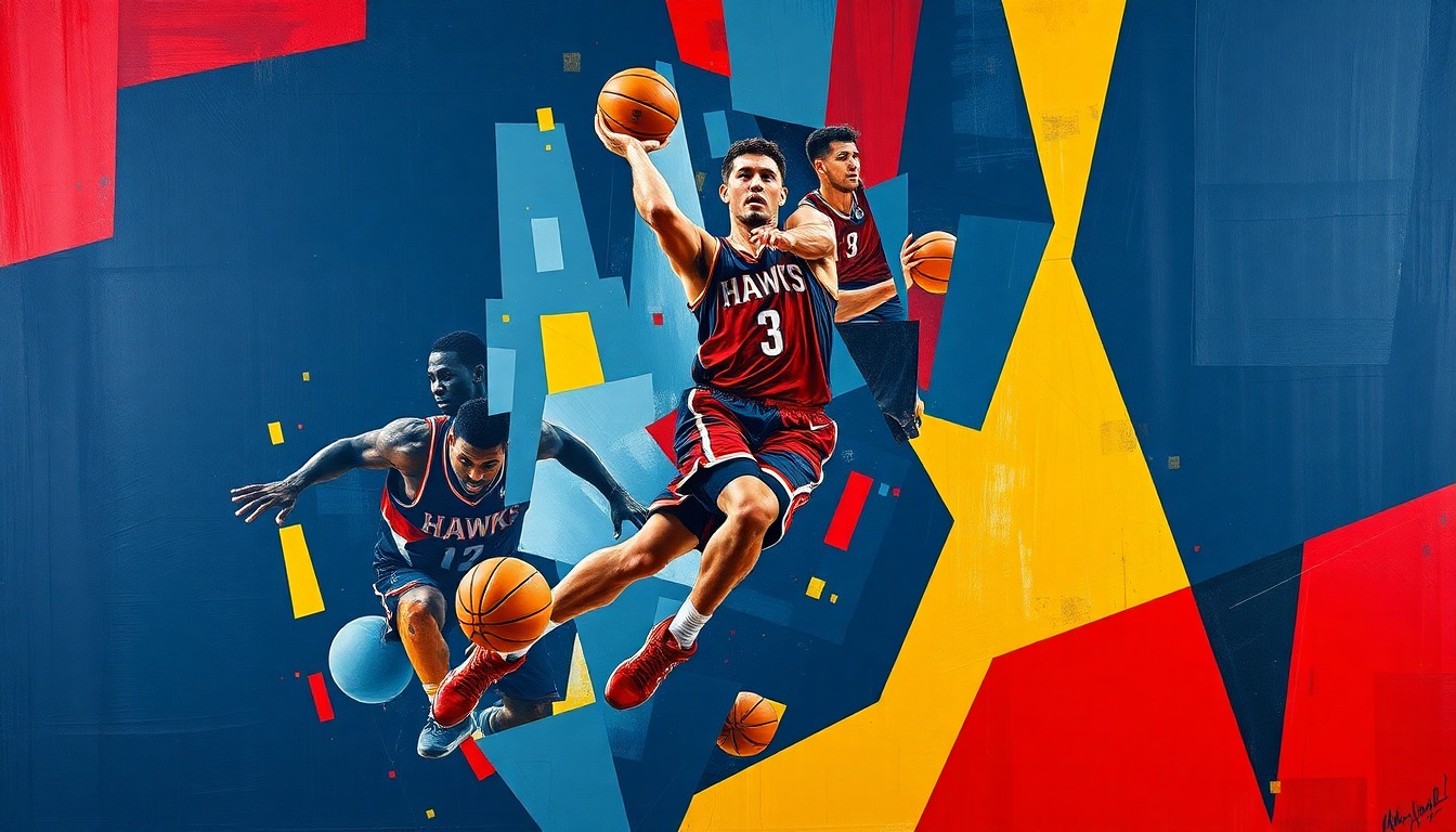 A fragmented, geometric painting depicting the movements and energy of a basketball player in action, using the Hawks' team colors of navy, red, and gold.