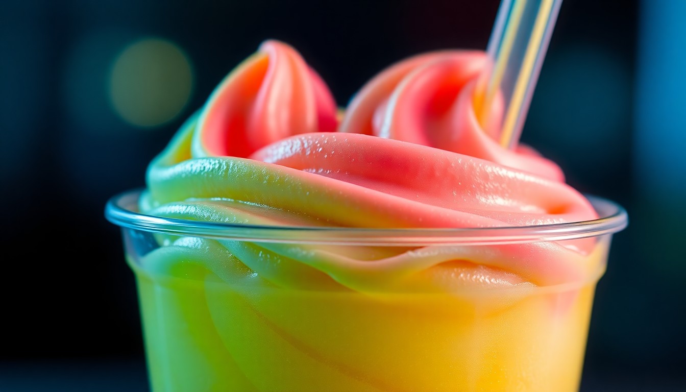 An extreme close-up of a swirled, neon-colored soft-serve margarita in a clear plastic cup, capturing the luxurious, glitzy texture of the frozen cocktail under dramatic studio lighting.