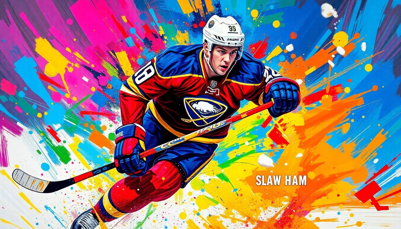 An abstract, energetic painting in neon colors depicting the blurred motion of a hockey player scoring a goal, conveying the excitement and passion of the Sabres' playoff run.