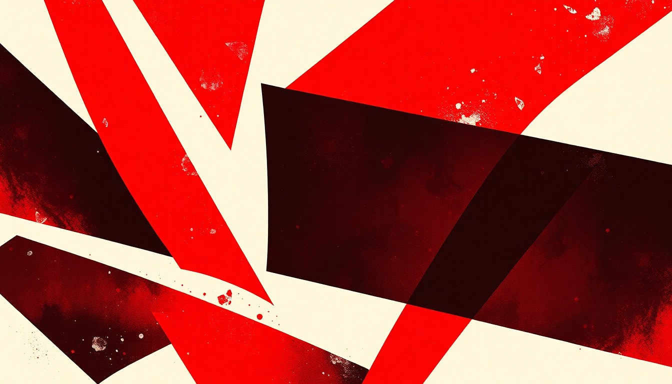 An abstract composition of striking red, black, and white geometric shapes, conveying the powerful emotional resonance of the Red Clay Strays' charitable efforts.