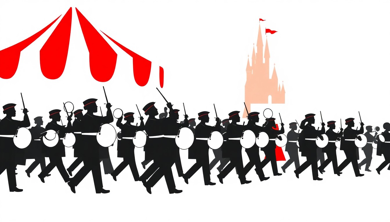 An abstract composition of sharp, geometric black silhouettes against a bright red background, conceptually representing a high school marching band performing at a Disney parade despite facing adversity.