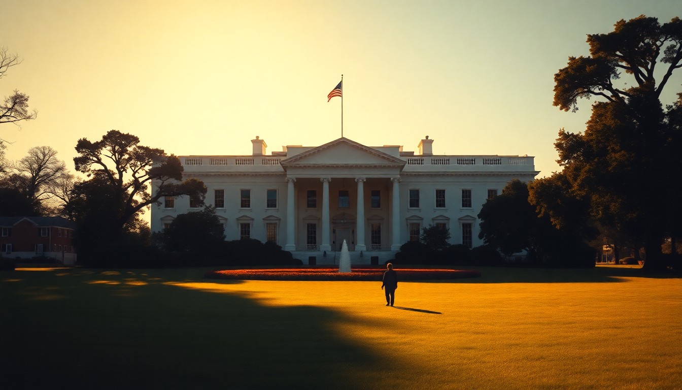A serene, painterly scene of a lone figure standing on the White House lawn, the building's facade visible in the background, with warm sunlight and deep shadows creating a contemplative, nostalgic mood.