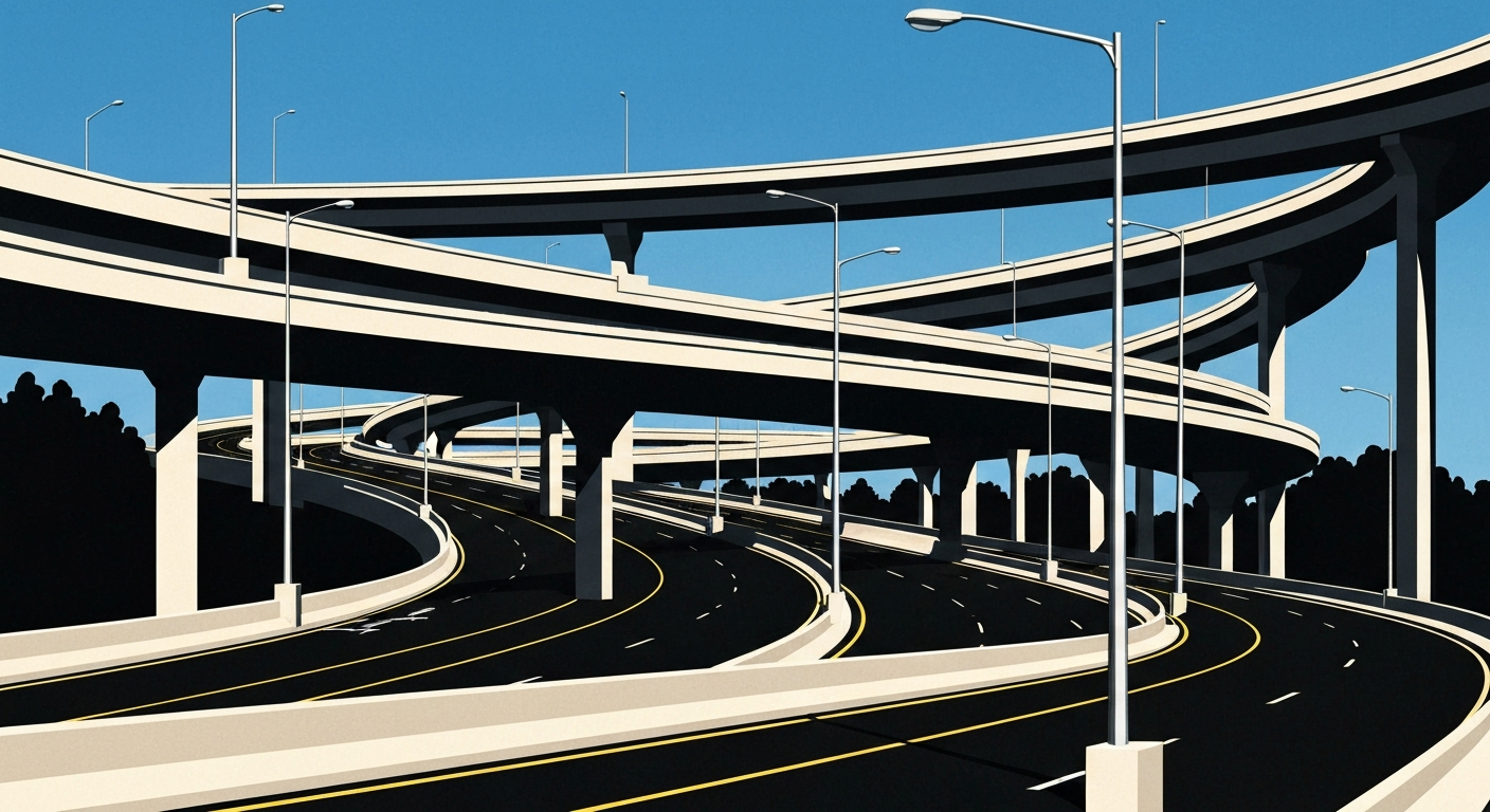 A highly stylized, geometric illustration depicting the sweeping curves and grand scale of the Baltimore-Washington Parkway, with sleek, streamlined highway infrastructure elements in a bold, Art Deco-inspired composition.