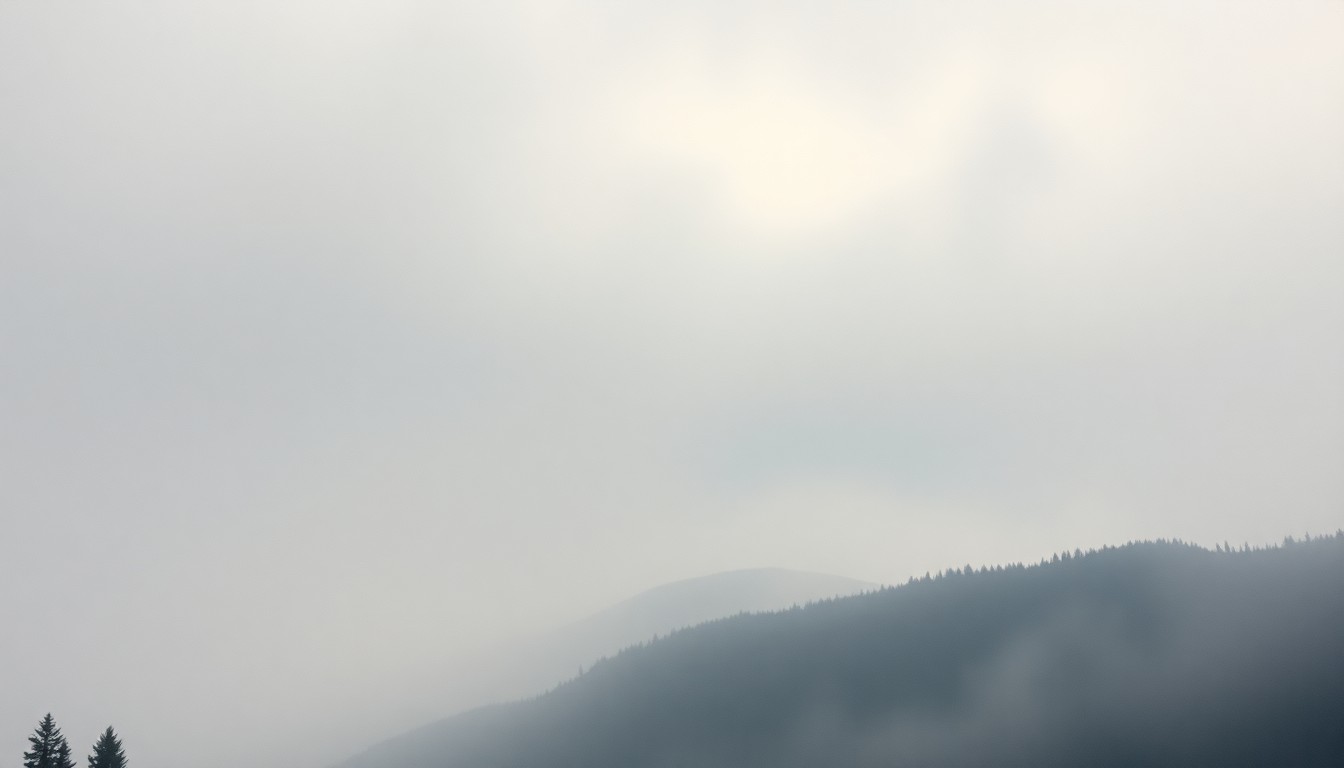 A heavily textured landscape painting in muted tones of grey, blue, and green, with only faint outlines of natural formations visible through a thick, atmospheric fog, conveying the overwhelming scale and power of the wilderness.