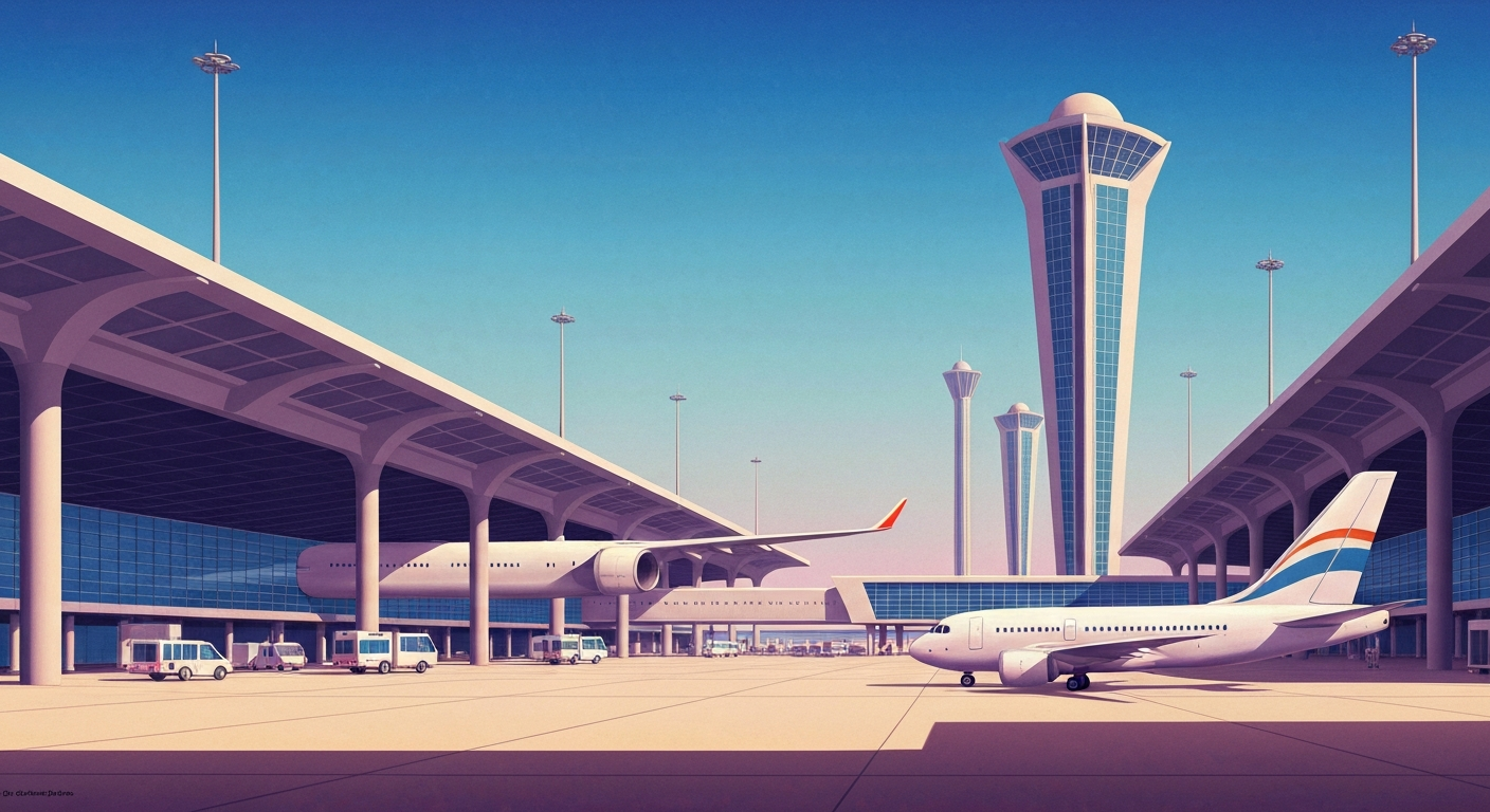 A bold, geometric illustration in the Art Deco style, featuring a towering, streamlined airport terminal with sweeping gradients of blues and grays, conveying the grand scale and efficiency of modern air travel.