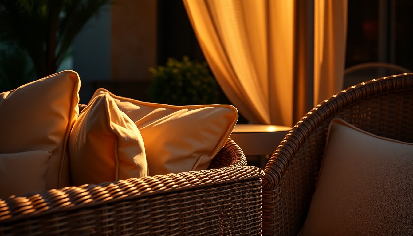 An extreme close-up photograph of lush outdoor furniture textures like woven rattan, plush cushions, and gleaming metal accents, captured in dramatic high-contrast studio lighting to create a glamorous, high-fashion aesthetic.