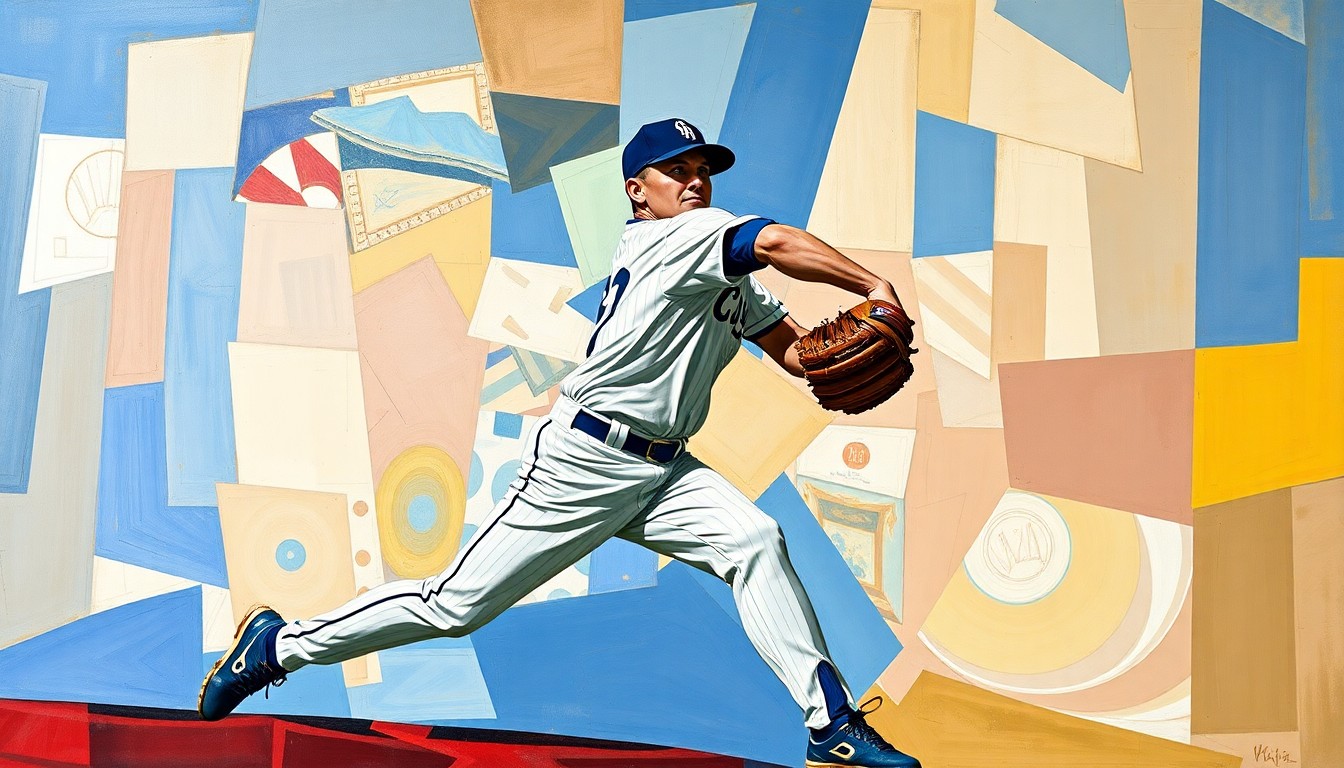 A cubist, geometric painting depicting a baseball pitcher's motion broken down into overlapping planes of color and shape, conveying the fragmented nature of the Cubs' injury-plagued rotation.