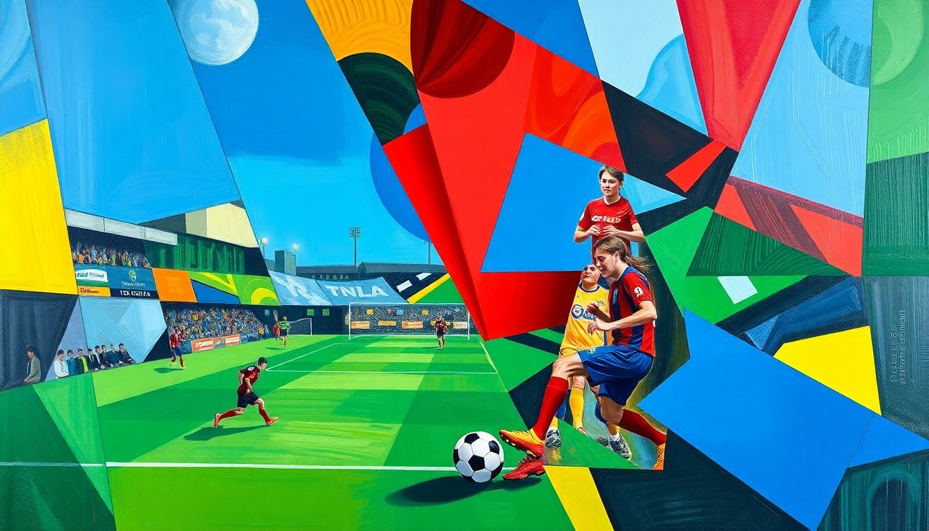 A fragmented, geometric painting in bold colors depicting various perspectives and moments from a soccer match, conveying the dynamic energy and competitive nature of the game.