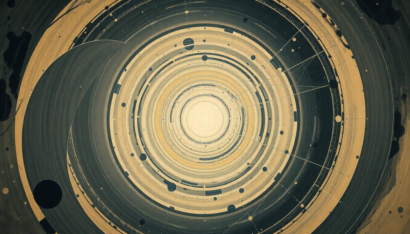 A bold, abstract painting featuring sweeping geometric arcs, concentric circles, and precise spirals in earthy tones, representing the complex forces and concepts behind the Artemis II lunar mission.