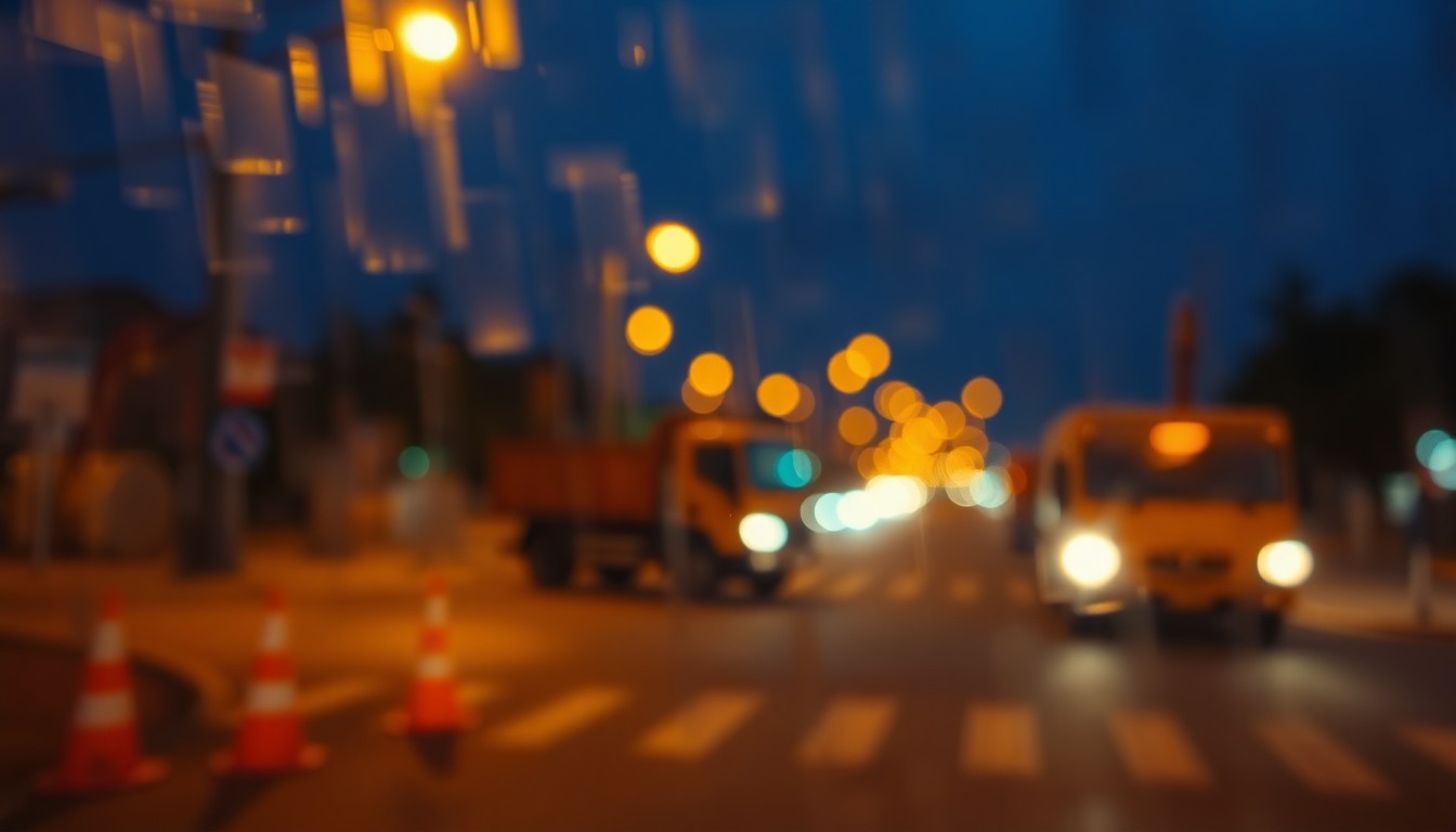 An abstract, impressionistic photograph depicting the blurred silhouettes of traffic cones, construction equipment, and the faint glow of streetlights, conveying the sense of nighttime roadwork and traffic disruptions.
