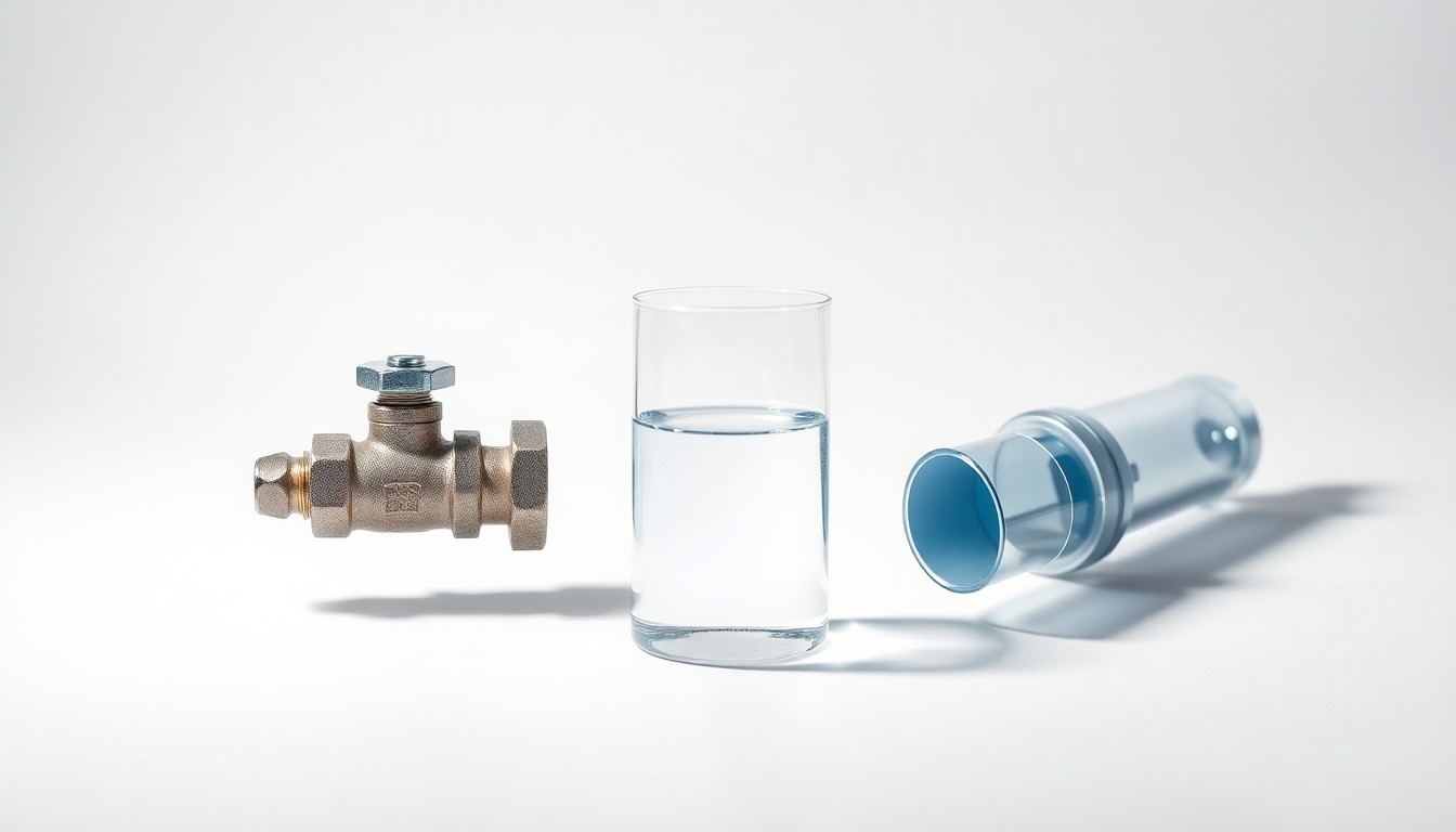 A photorealistic studio still life featuring a polished metal water valve, a glass beaker filled with clear water, and a sleek, modern water pipe, arranged elegantly on a clean, white background to symbolize the complex issues surrounding water resources and infrastructure.