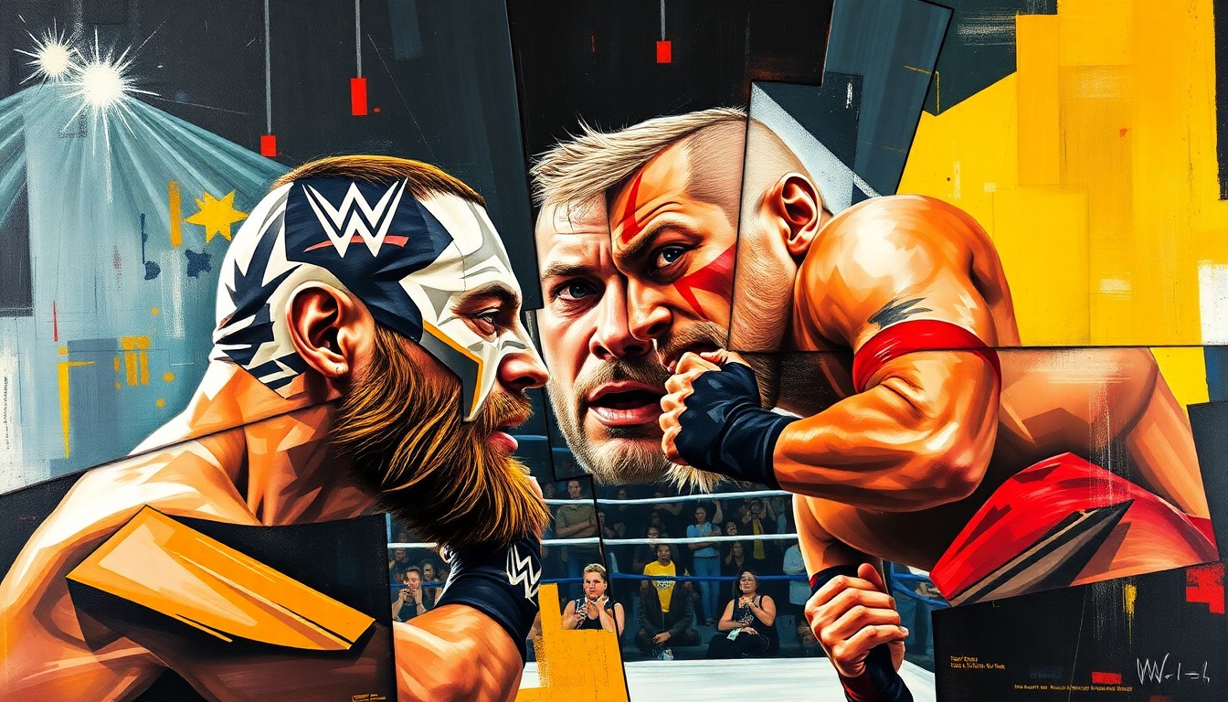 A cubist, geometric painting depicting a WWE match between Randy Orton and Cody Rhodes, with Pat McAfee's face emerging from the fractured, overlapping planes of the composition, capturing the chaotic energy and unexpected twist in the storyline.