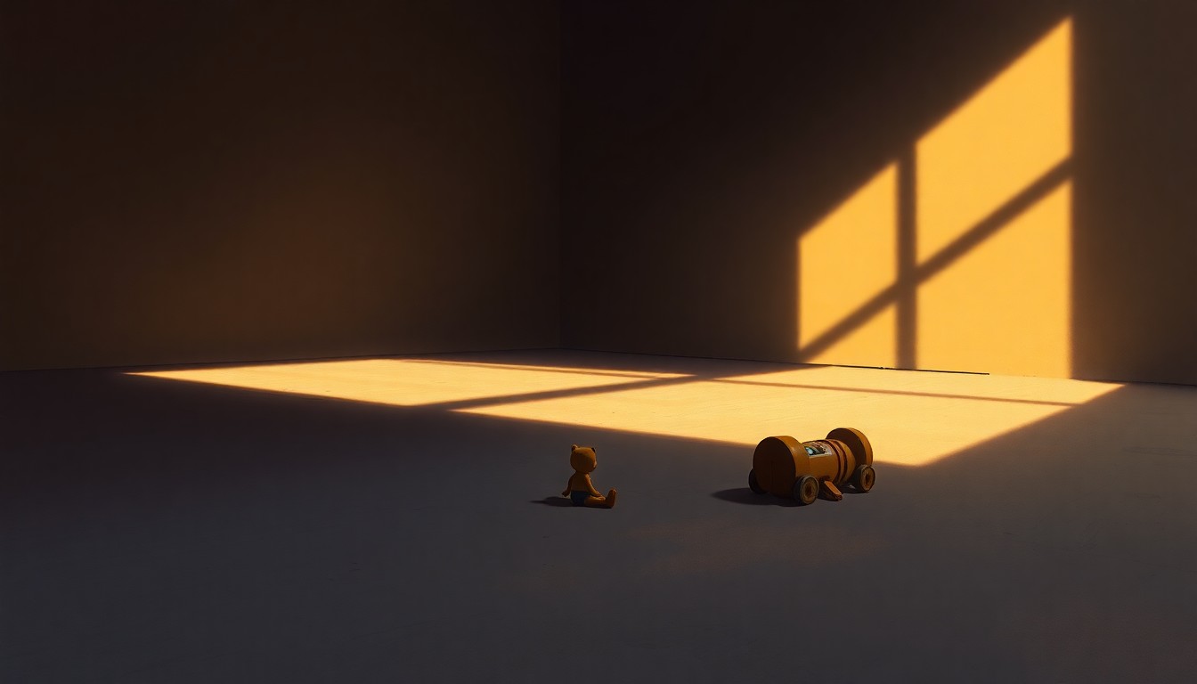 A somber, cinematic painting of a lone child's toy on a bare floor in a sparse, dimly lit room, the toy bathed in warm, diagonal sunlight and deep shadows, conveying a sense of melancholy and vulnerability.