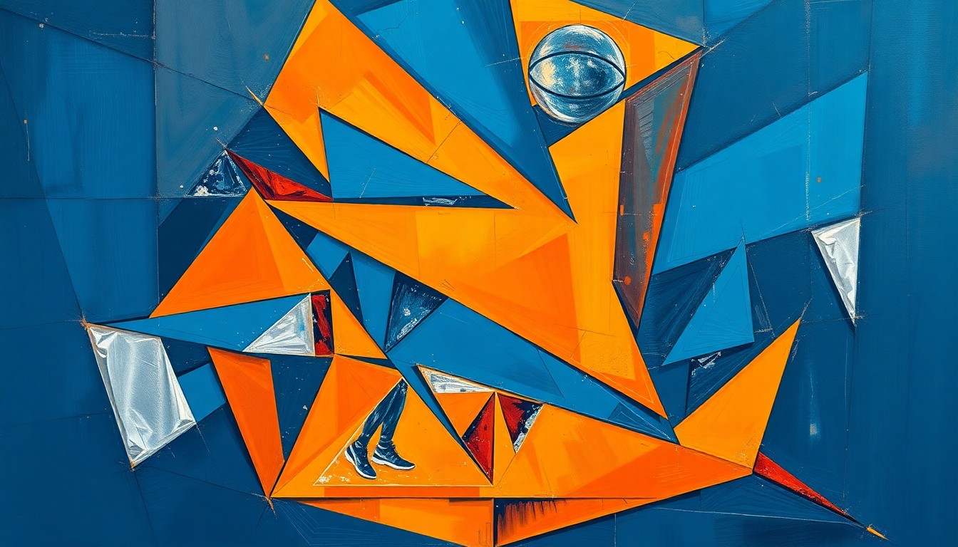 A cubist, geometric painting depicting a fragmented, multi-angled view of a basketball game or tournament action, using sharp planes of deep blue, bright orange, and metallic silver to capture the volatility and unpredictability of the NCAA Tournament.