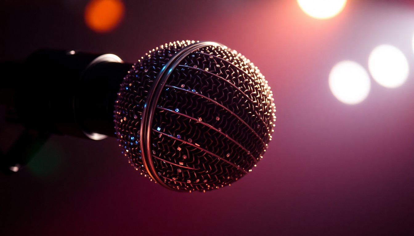 An extreme close-up photograph of a shiny, metallic country music microphone under dramatic studio lighting, capturing the glamorous and high-energy essence of the genre.