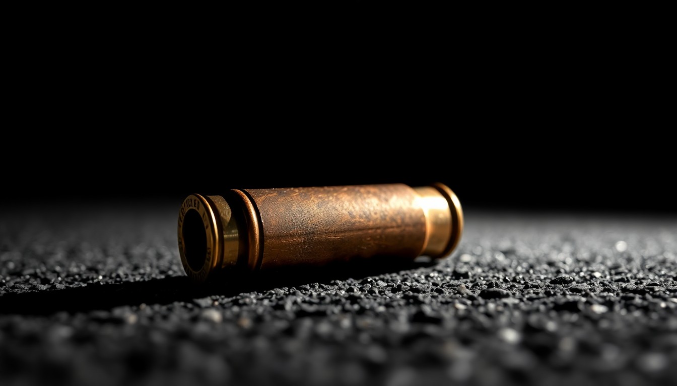 An extreme close-up photograph of a spent bullet casing on asphalt, the metallic sheen and textured surface creating a stark, gritty visual that conceptually represents the violence of the crime.