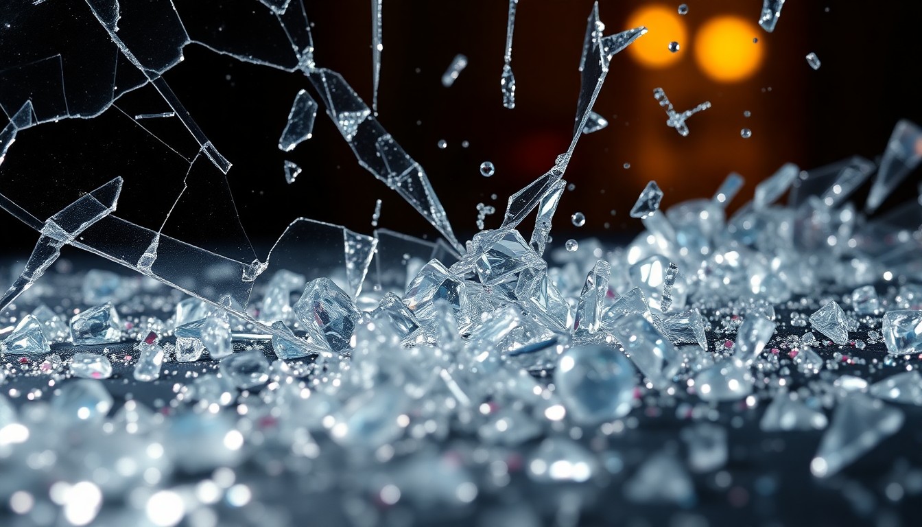 An abstract close-up image featuring shattered glass and glittering sequins, conveying the high-stakes, glamorous nature of the soap opera genre.