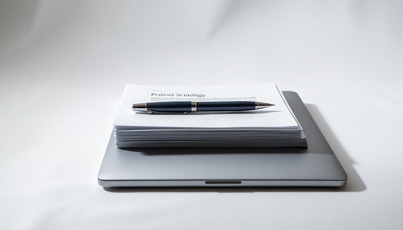 A minimalist studio still life photograph featuring a stack of business documents, a pen, and a laptop computer arranged elegantly on a clean, white background, conceptually representing the abstract ideas of business strategy, financial services, and technology consulting.