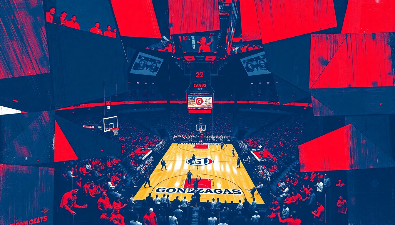 A cubist, geometric painting depicting a fragmented college basketball game, with sharp planes of navy blue and red representing the Gonzaga Bulldogs' team colors.