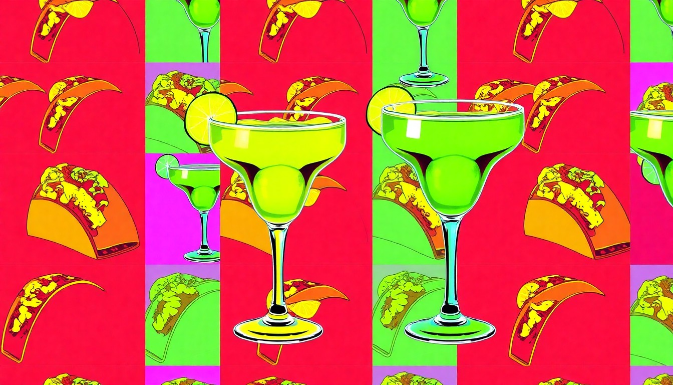 A bold, colorful silkscreen-style illustration featuring repeating images of a taco and margarita glass in a grid pattern, capturing the festive energy of the annual event in East Moline.