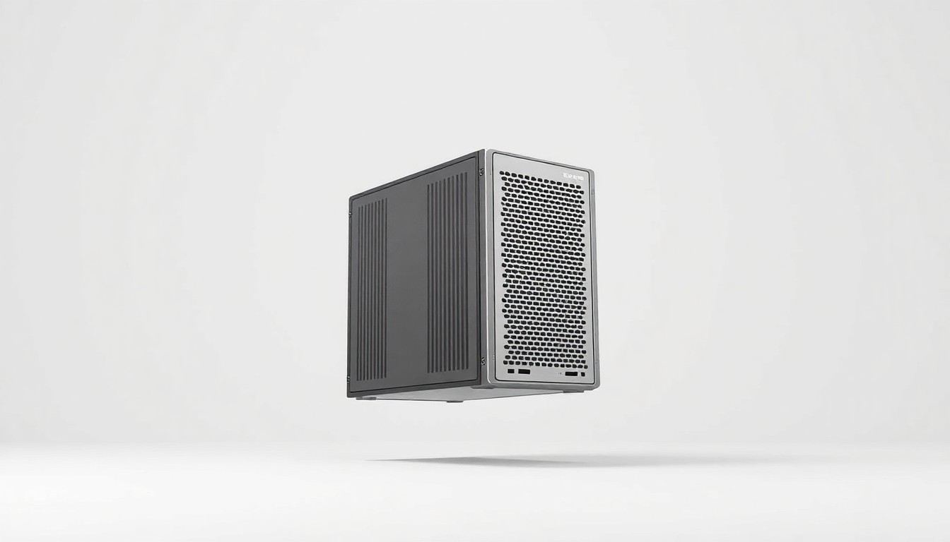 A minimalist studio photograph featuring a sleek, metallic data server or AI processing unit floating on a clean, monochromatic background, conveying a sense of advanced technology, efficiency, and precision.