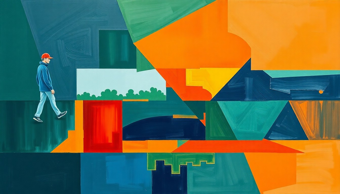 A fragmented, geometric painting in shades of navy, green, and orange, depicting the motion and action of a high school baseball game through an abstract, cubist lens.