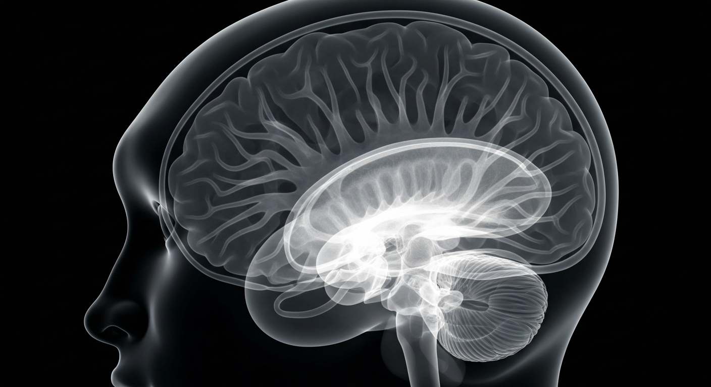 An extreme close-up X-ray image revealing the intricate internal structure of a human brain, with glowing, ghostly lines against a dark background, conceptually representing the mental health challenges faced by those subjected to Florida's Baker Act.