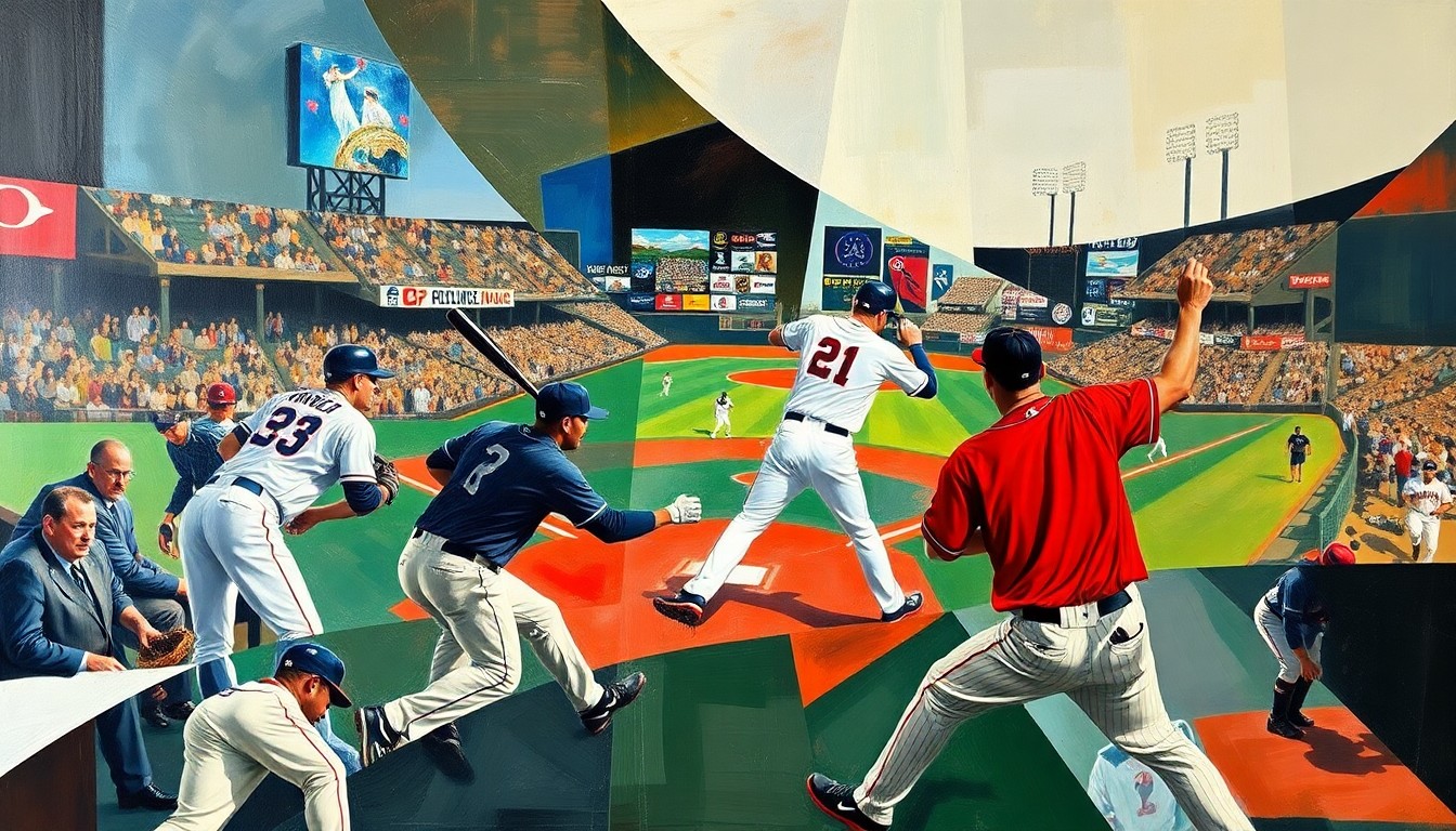 A cubist, geometric painting depicting fragmented and overlapping shapes representing baseball players and a baseball field, conveying the dynamic and multifaceted nature of the sport.