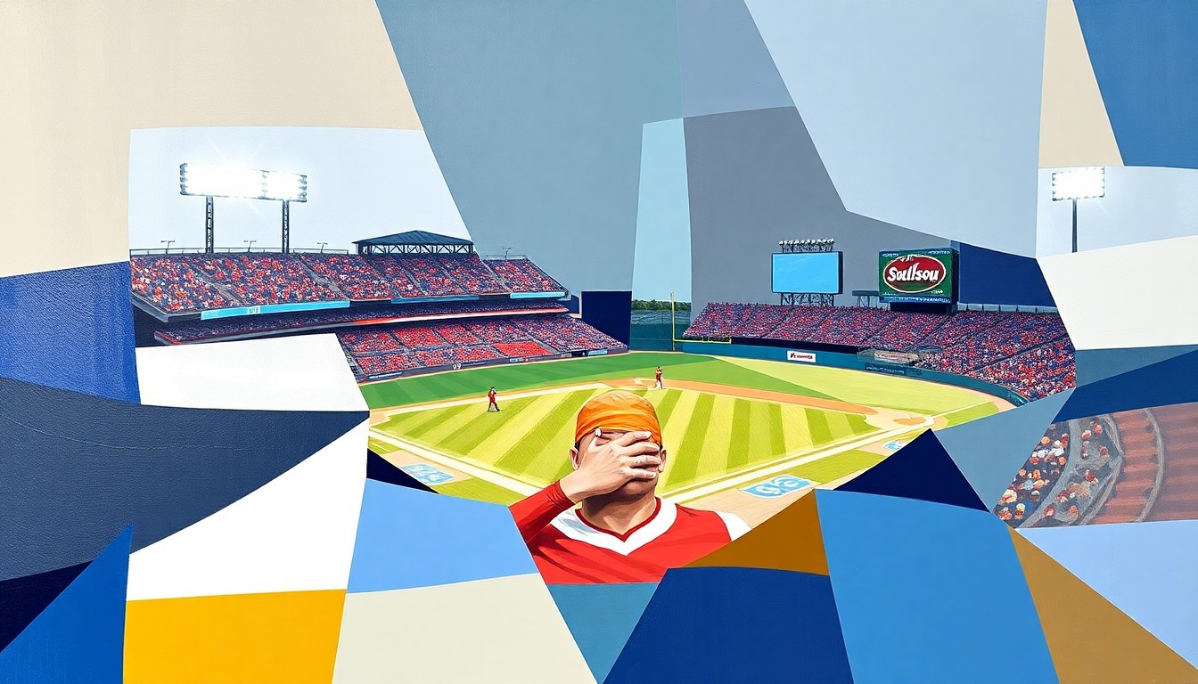 A cubist, geometric painting in the SWOSU Bulldogs' official colors, depicting a baseball game or match broken down into overlapping planes of color and shape, capturing the dynamic energy of the sport.