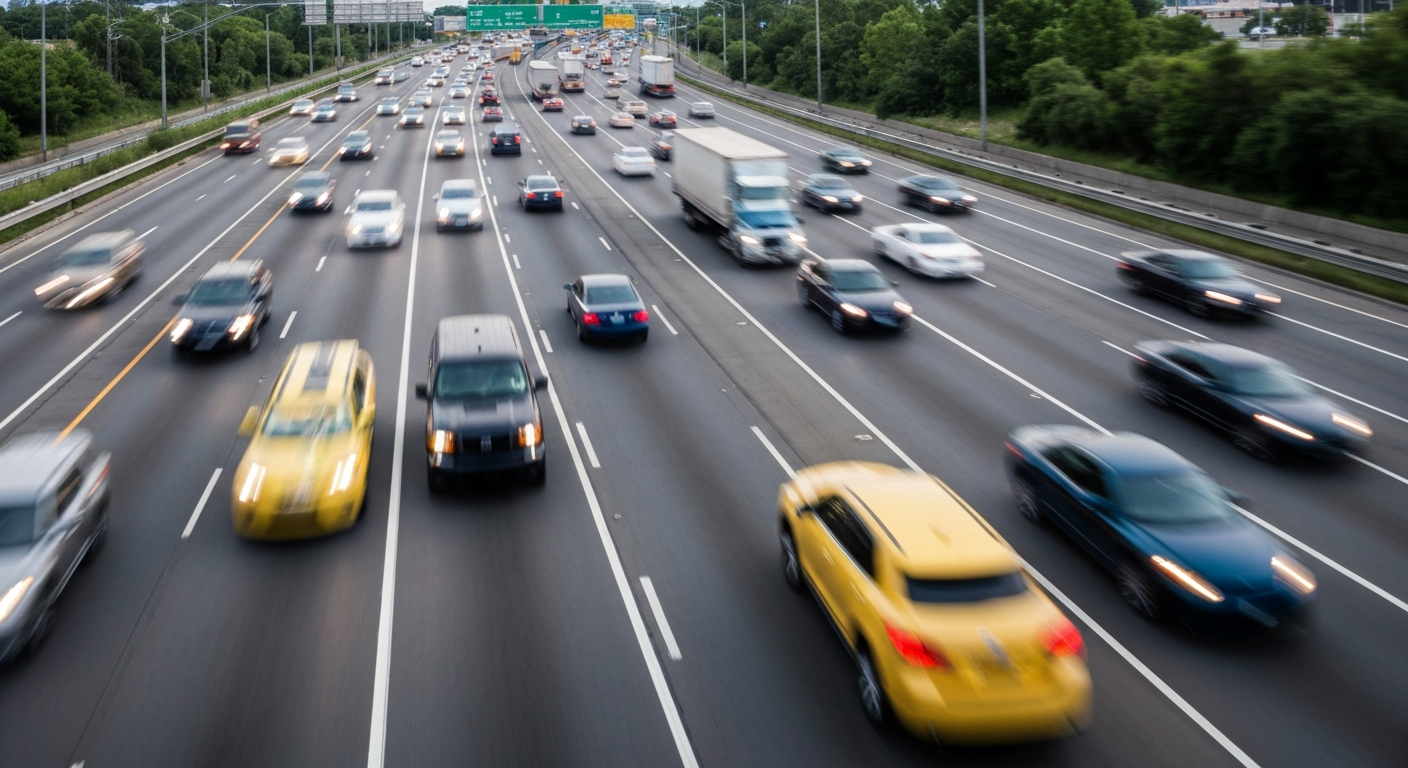 An abstract, blurred image of vehicles in motion on a highway, conveying a sense of speed and modern transportation infrastructure.