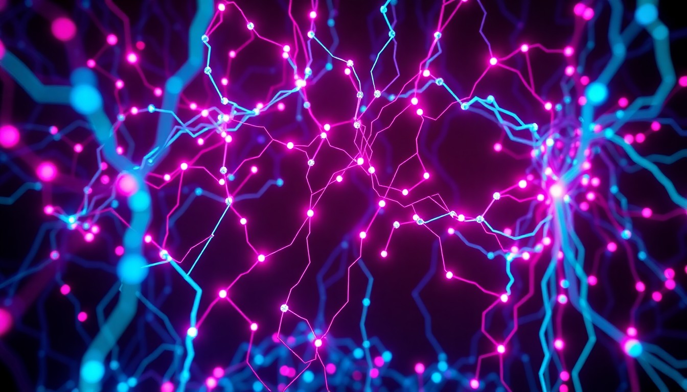 A highly detailed, glowing 3D illustration of a complex neural network or AI infrastructure, rendered in a palette of neon cyan and magenta lights against a dark, shadowy background, conveying the powerful yet fragile nature of advanced AI systems.