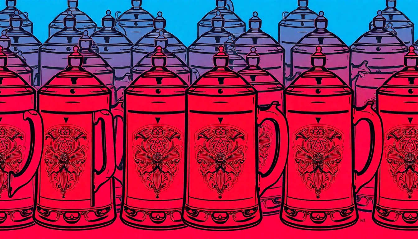 A bold, colorful silkscreen-style illustration featuring a repeated pattern of a traditional German beer stein in shades of neon green, pink, and blue, conceptually representing the enduring cultural legacy of the Essen Haus restaurant in Madison.