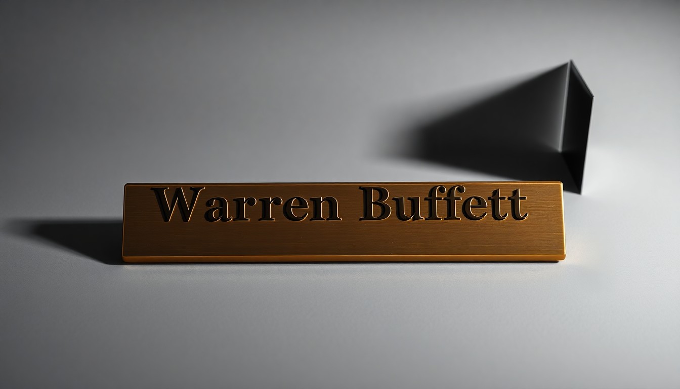 A high-end, photorealistic studio still-life photograph featuring a polished brass desk nameplate with the words 'Warren Buffett' engraved on it, placed on a clean, monochromatic grey background with dramatic studio lighting casting deep shadows.