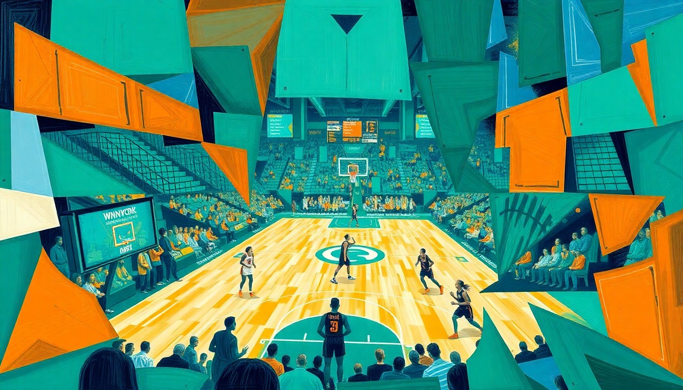 A cubist, geometric painting depicting a WNBA basketball game, with sharp, overlapping planes of color representing the dynamic movements and energy of the players on the court.