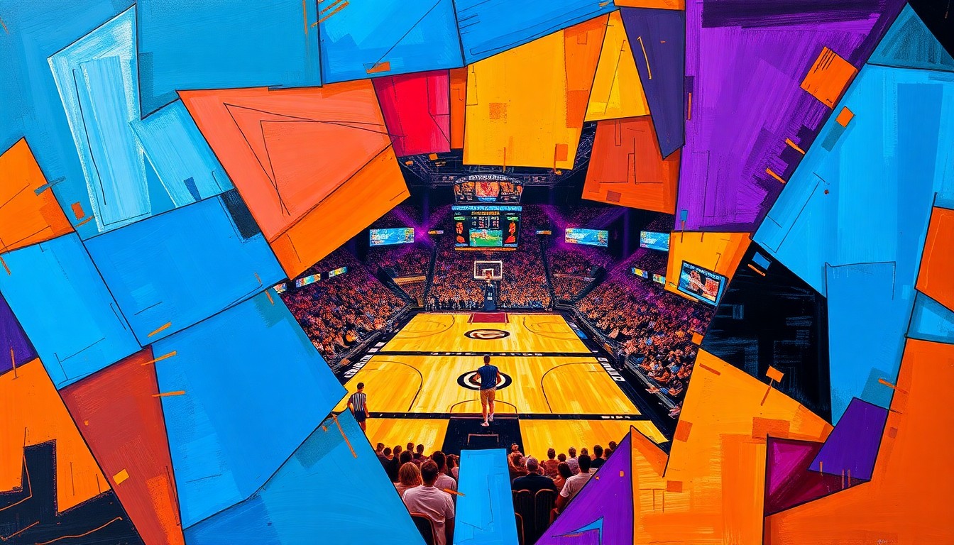 A fragmented, geometric painting in bold colors depicting the frenetic energy of a crowded sports bar during a major college basketball championship game.