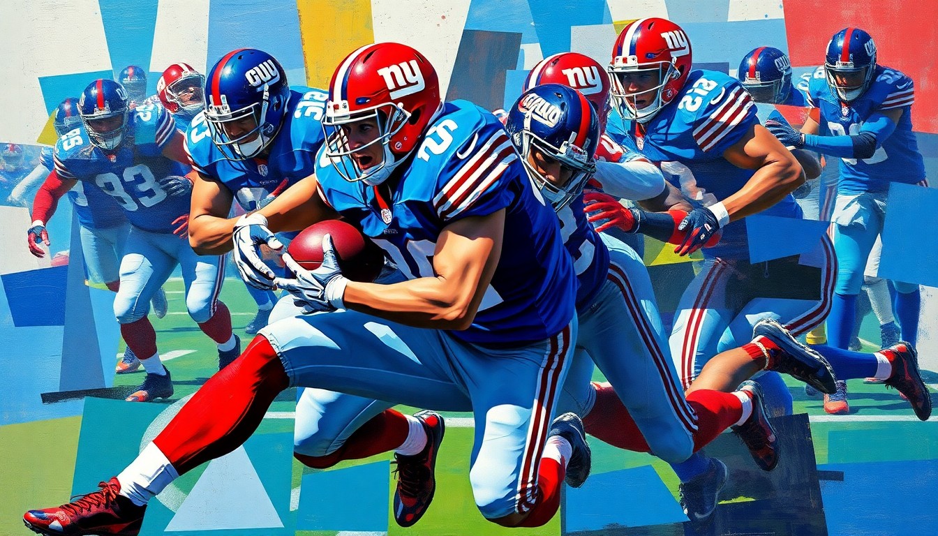 A fragmented, geometric painting depicting a defensive tackle making a forceful tackle, with sharp planes of blue, red, and white conveying the explosive energy of the moment.