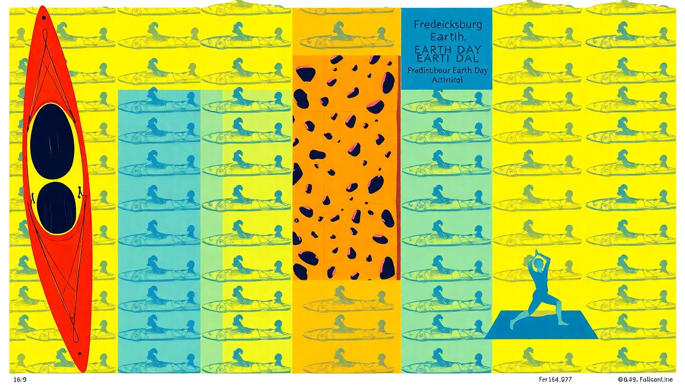 A vibrant, pop art-inspired illustration featuring repeated icons of a kayak, rock climbing wall, and yoga mat, conveying the diverse outdoor activities available at the Fredericksburg Earth Day Festival.