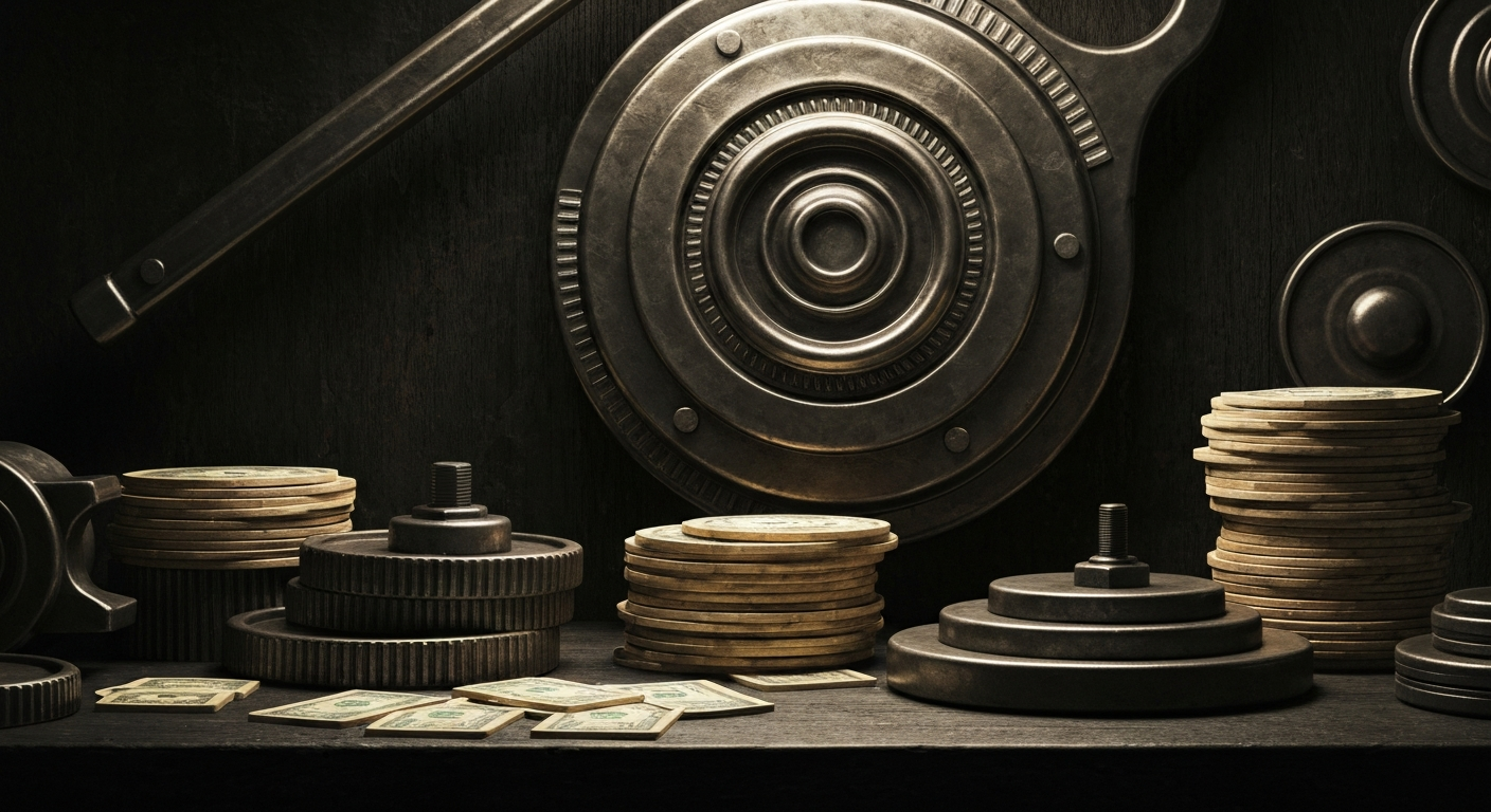 An extreme close-up of complex financial machinery and equipment, conveying the heavy, tangible nature of banking and economic institutions without using literal currency or charts.